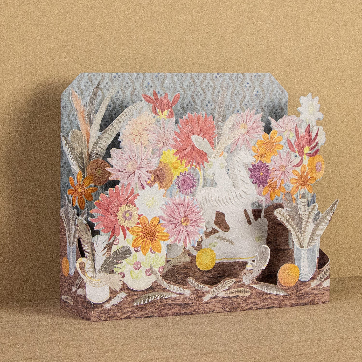 Zebra, Dahlias and Feathers 3D Die-Cut Card