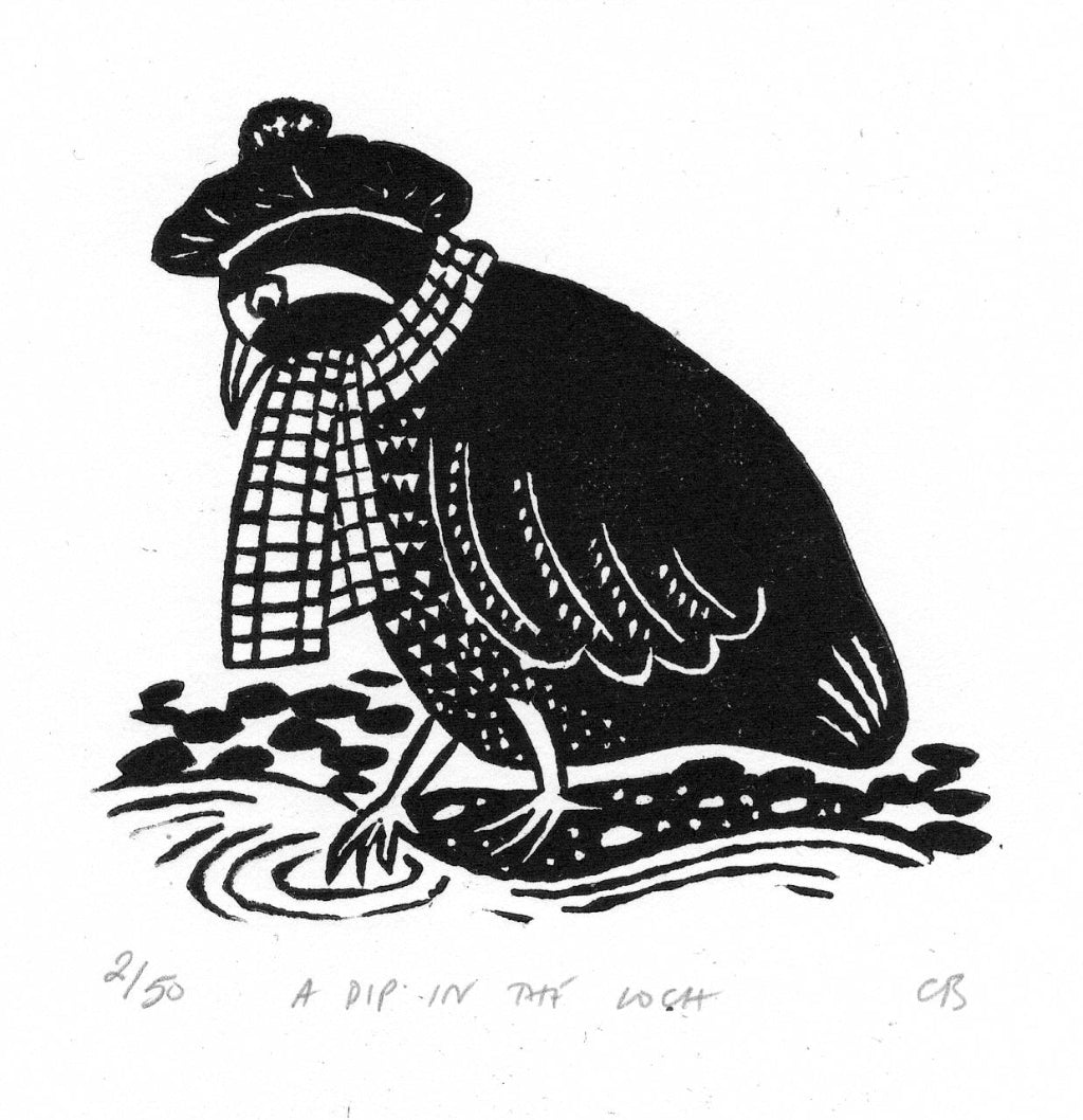 black and white linocut of bird bearing scarf and hat