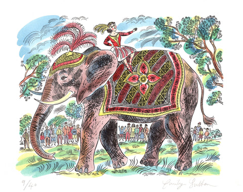 Colourful print of girl sitting ontop of plumed elephant with tress and a crowd in the background