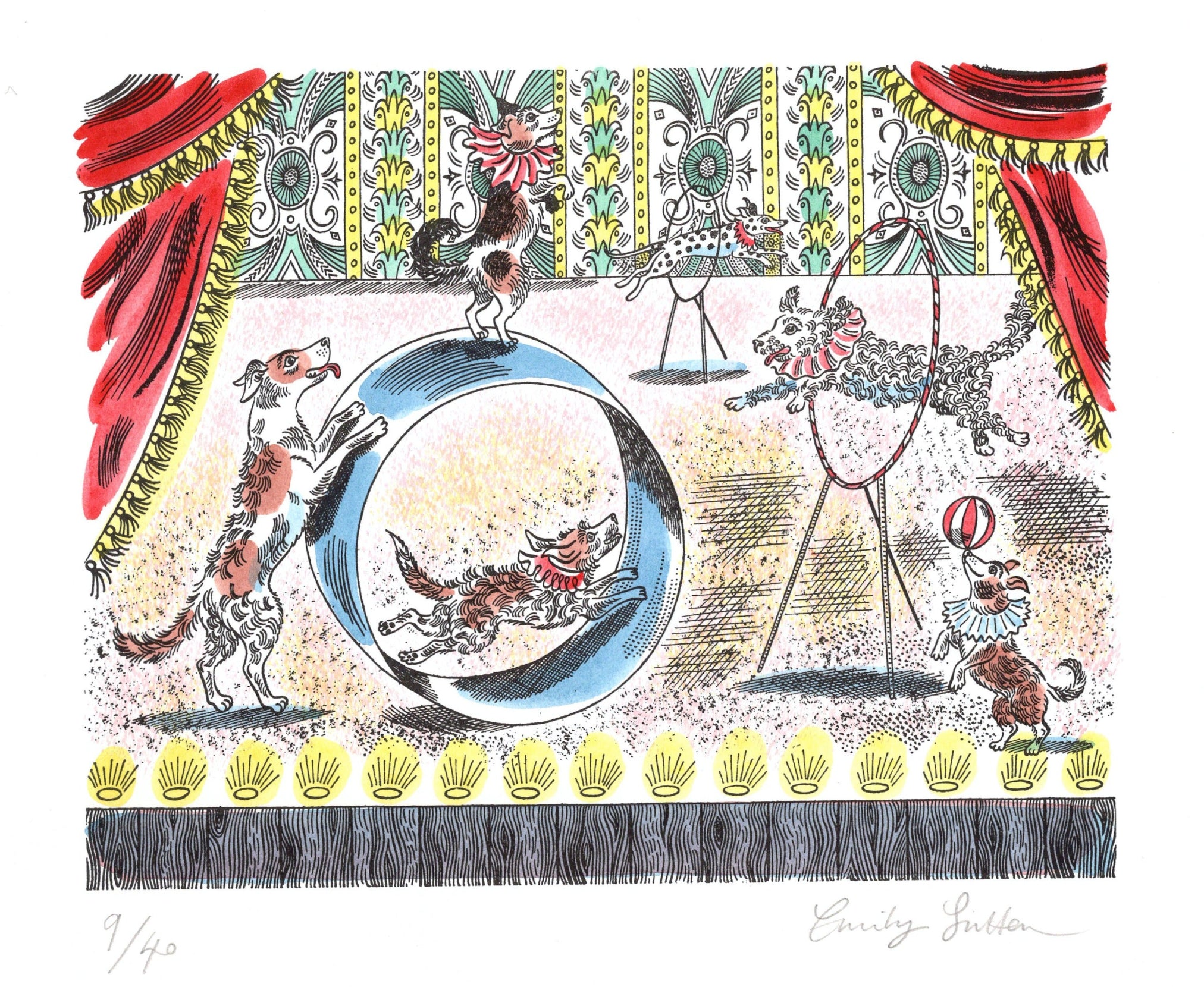 Illustration of a circus scene with terriers and performers on a decorative background