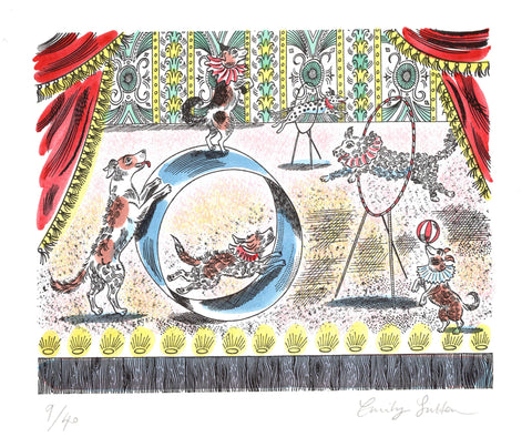 Illustration of a circus scene with terriers and performers on a decorative background