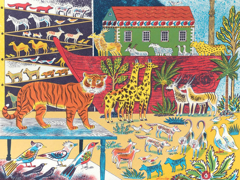 Colorful illustration of a Noah's Ark with various pairs of animals and a house.
