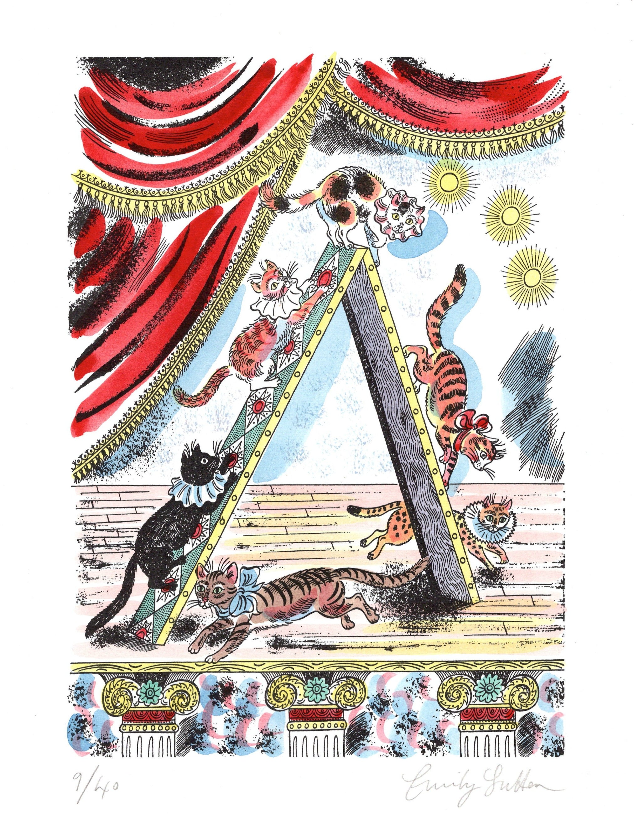 Illustration of cats playing with a teeter-totter against a decorative curtain background