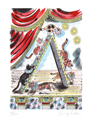 Illustration of cats playing with a teeter-totter against a decorative curtain background