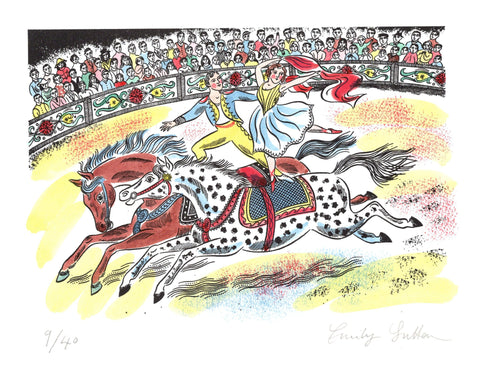 Colorful screenprint of a circus horses and riders with a crowd in the background