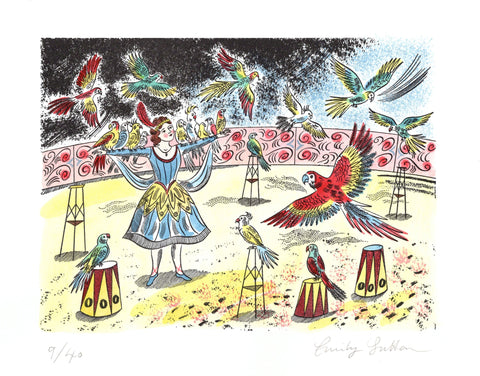 colourful print if circus girl performing with parrots 
