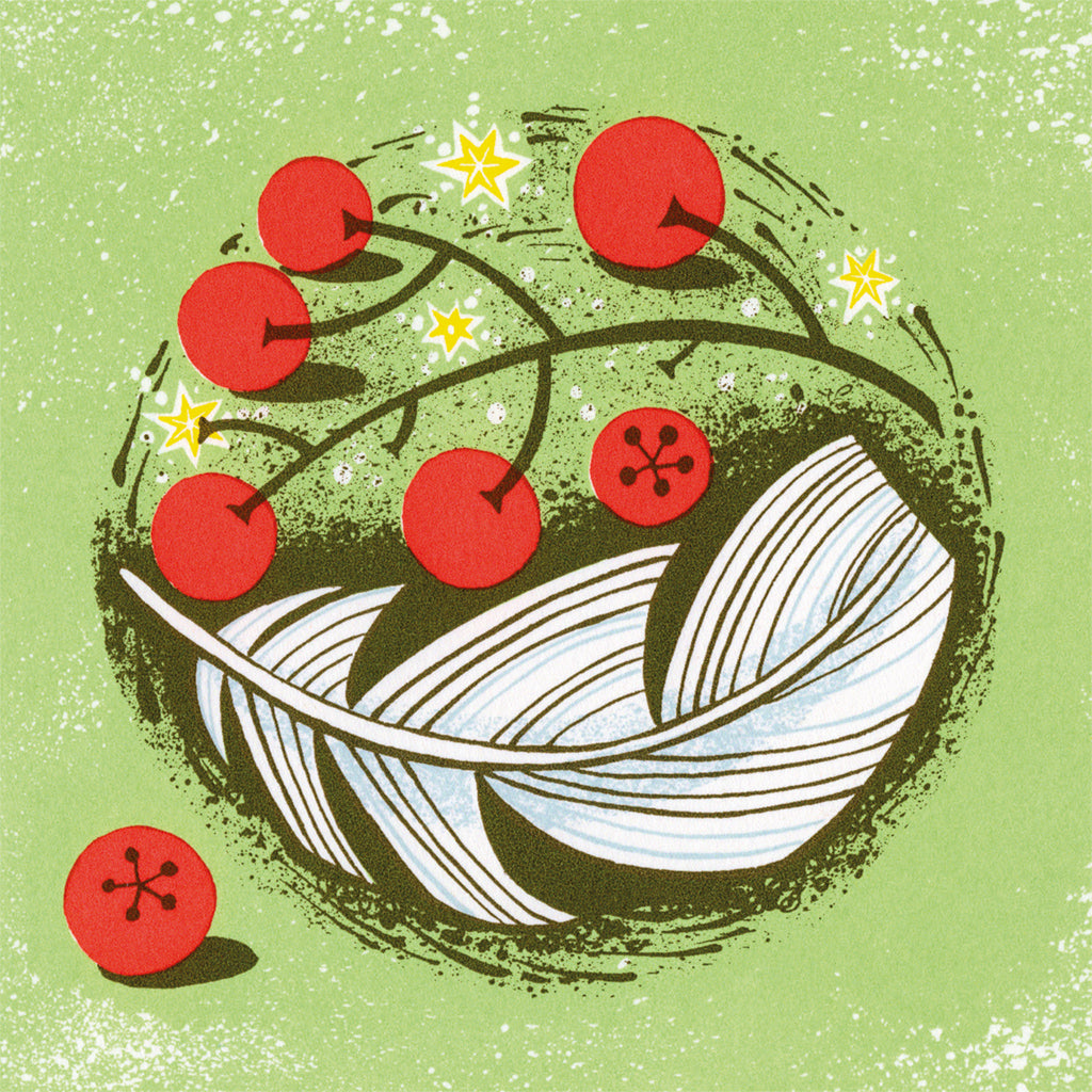'Berries and Feather' Christmas Card - pack of 6 cards - Angie Lewin - St. Jude's Prints